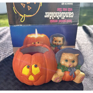 Vintage Walmart HALLOWEEN Cat Jack O'lantern Pumpkin Candle Holder Ceramic